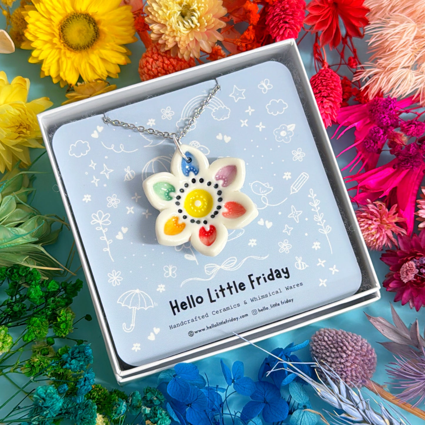 RAINBOW STARFLOWER ~ One of a kind : Porcelain Pendant Handmade by Jo Kealley