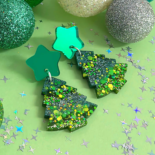 TWINKLING LIGHTS  : EMERALD CHRISTMAS TREES : Handmade Resin & Acrylic Stud-top DROP Earrings