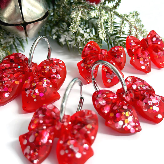 FESTIVE PREZZIE BOWS : Choose your Style or drops : Handmade STUD & DROP Resin Earrings