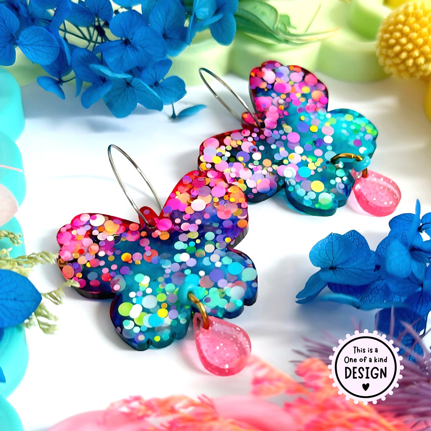 One of a Kind : VIBRANT BUTTERFLIES : Handmade Resin DROP Earrings