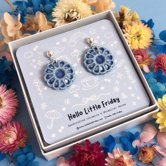 One of a kind : FORGET-ME-NOTS Delft Blue ~ PORCELAIN Drop Earrings by Jo Kealley