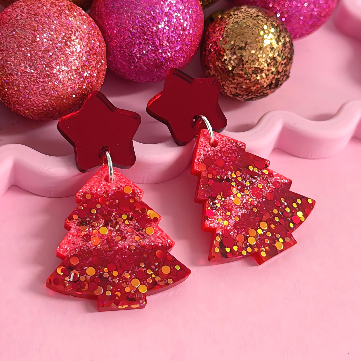 TWINKLING LIGHTS : RUBY CHRISTMAS TREES : Handmade Resin & Acrylic Stud-top DROP Earrings
