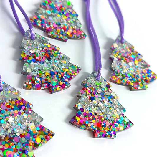 CHRISTMAS TREE : SILVER RAINBOW CONFETTI : Handmade Resin Tree Ornaments
