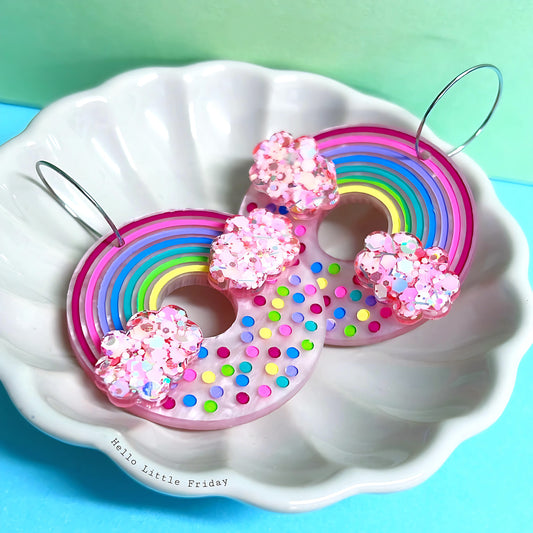 FAIRY BREAD DONUTS : STRAWBERRY SHIMMER : Handpainted Acrylic & Cast Resin Drop Earrings