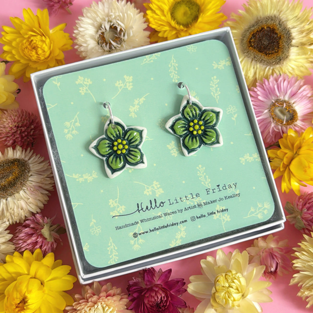 BUTTERCUPS Emerald & Olive ~ PORCELAIN Drop Earrings Handmade by Jo Kealley