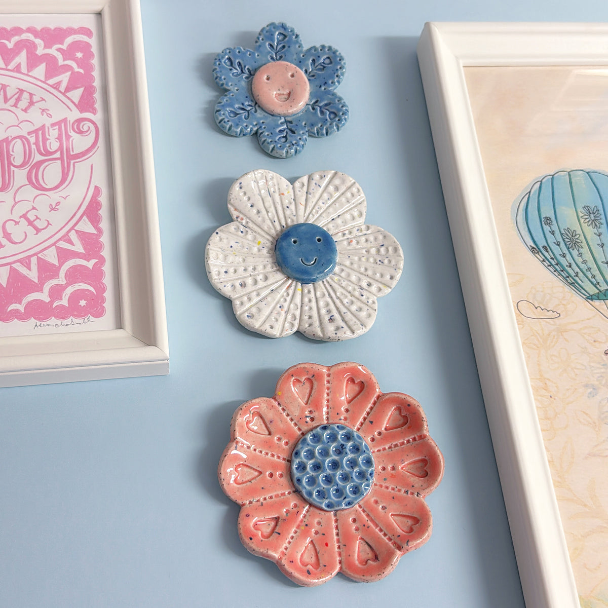 Peach White & Denim WALLFLOWERS Wall Art : Choose your design : Handmade Ceramic Ornaments by Jo Kealley