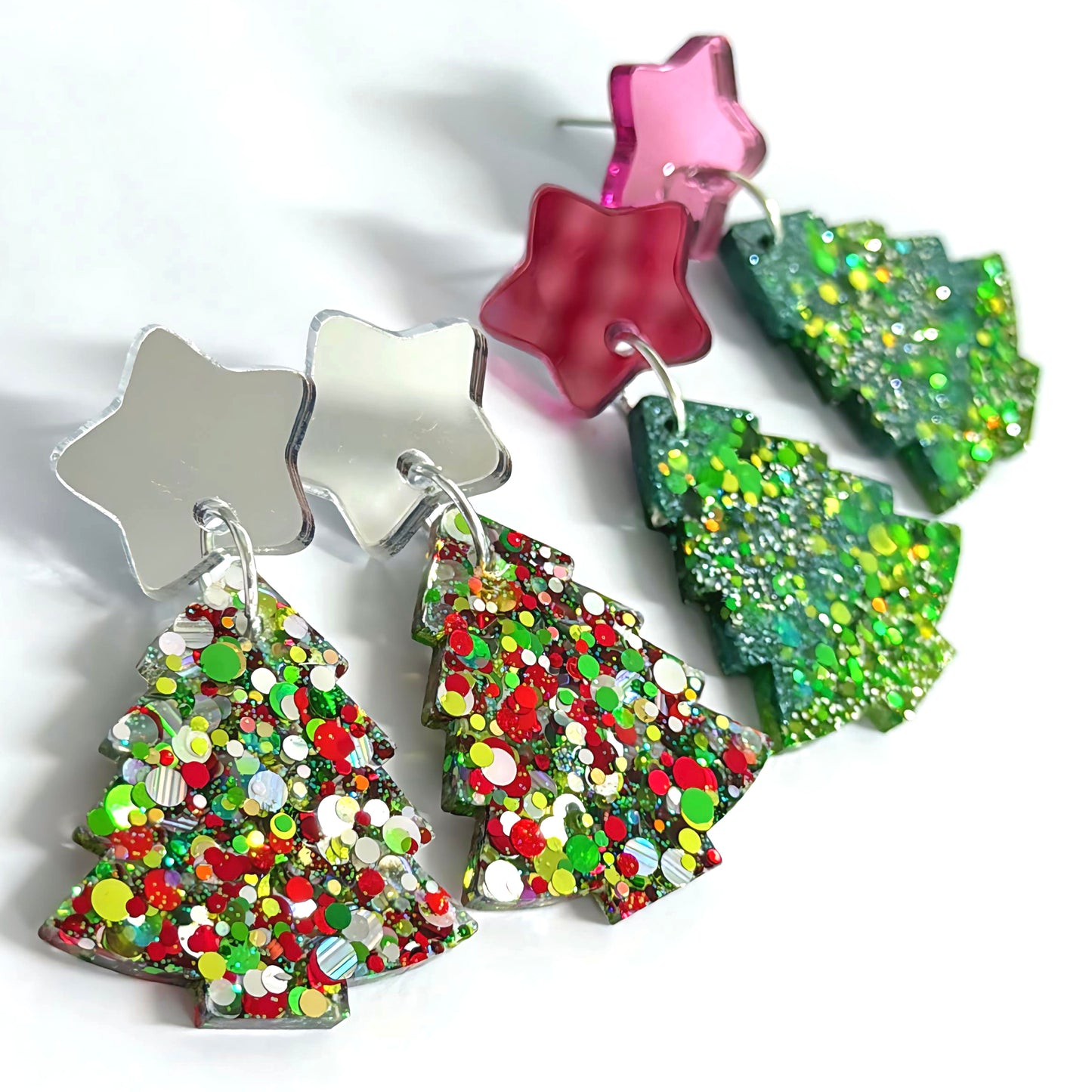 One of a kind : RUBY & EMERALD CHRISTMAS TREES : Choose your design : Handmade Resin & Acrylic Stud-top DROP Earrings