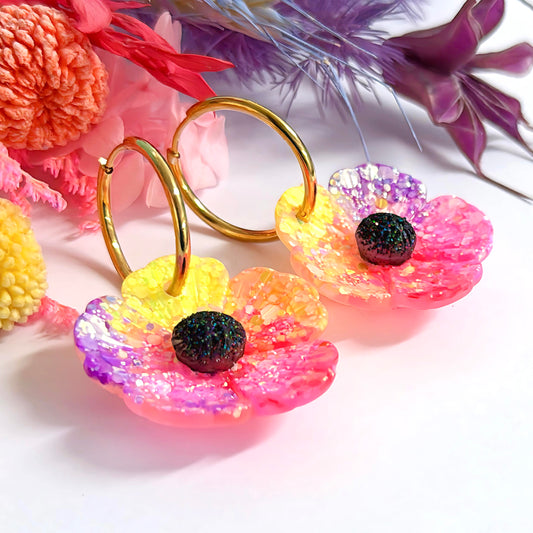 SUMMERTIME POPPIES: Handmade Resin Drop Earrings on Huggie Hoops by