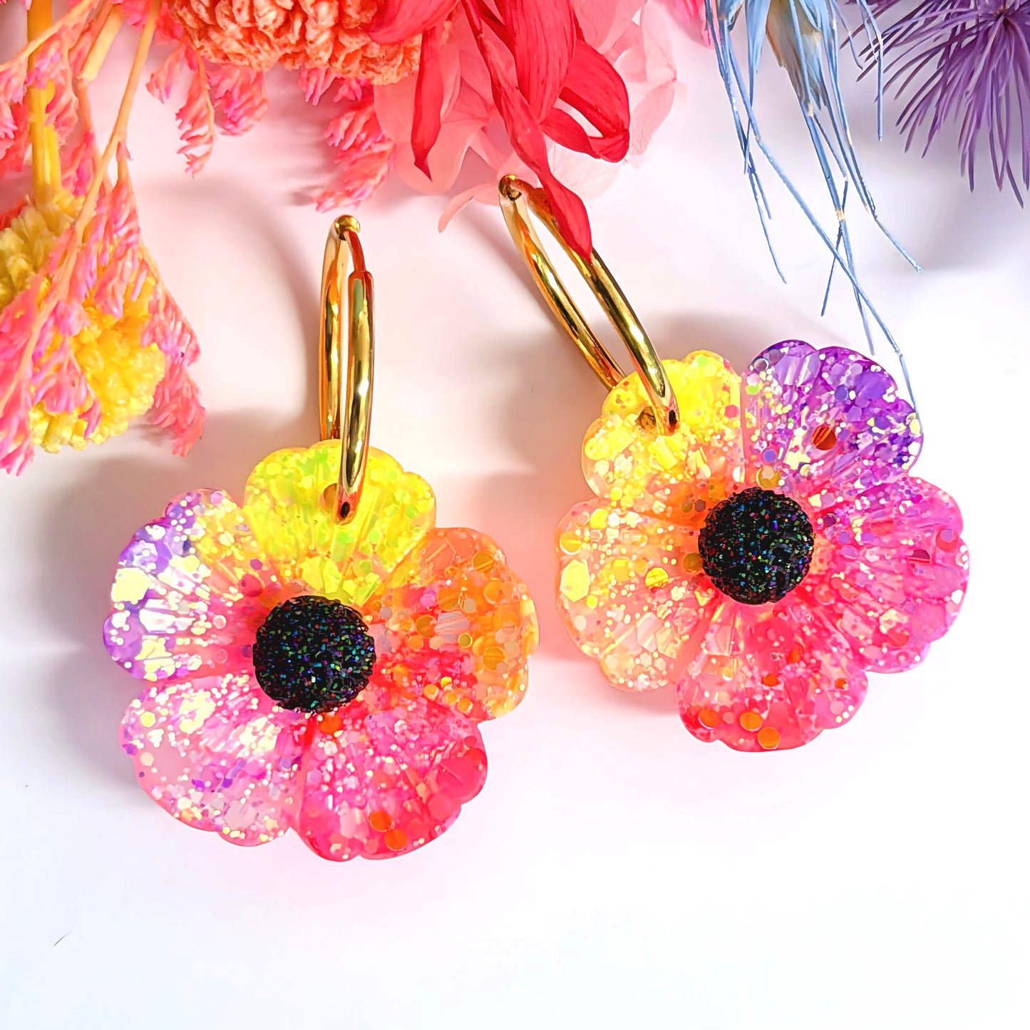 SUMMERTIME POPPIES: Handmade Resin Drop Earrings on Huggie Hoops by