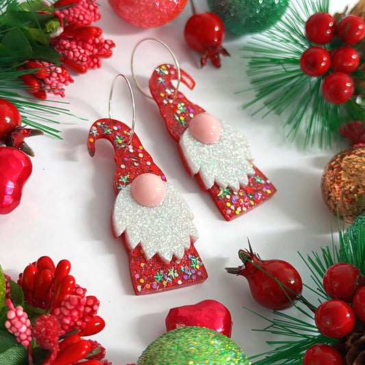 HELLO LITTLE SANTA GNOME : Red Stardust : Handmade Resin DROP Earrings