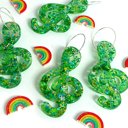 CELTIC MUSIC : St Paddy’s Day : Emerald Shamrock : Handmade Resin DROP Earrings