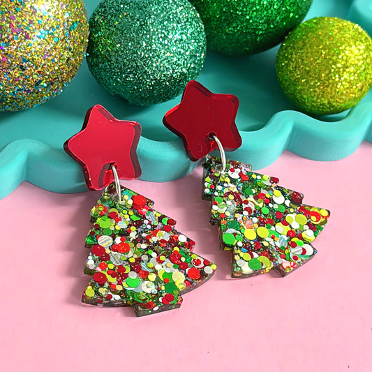 TWINKLING LIGHTS  : RUBY & EMERALD CHRISTMAS TREES : Handmade Resin & Acrylic Stud-top DROP Earrings