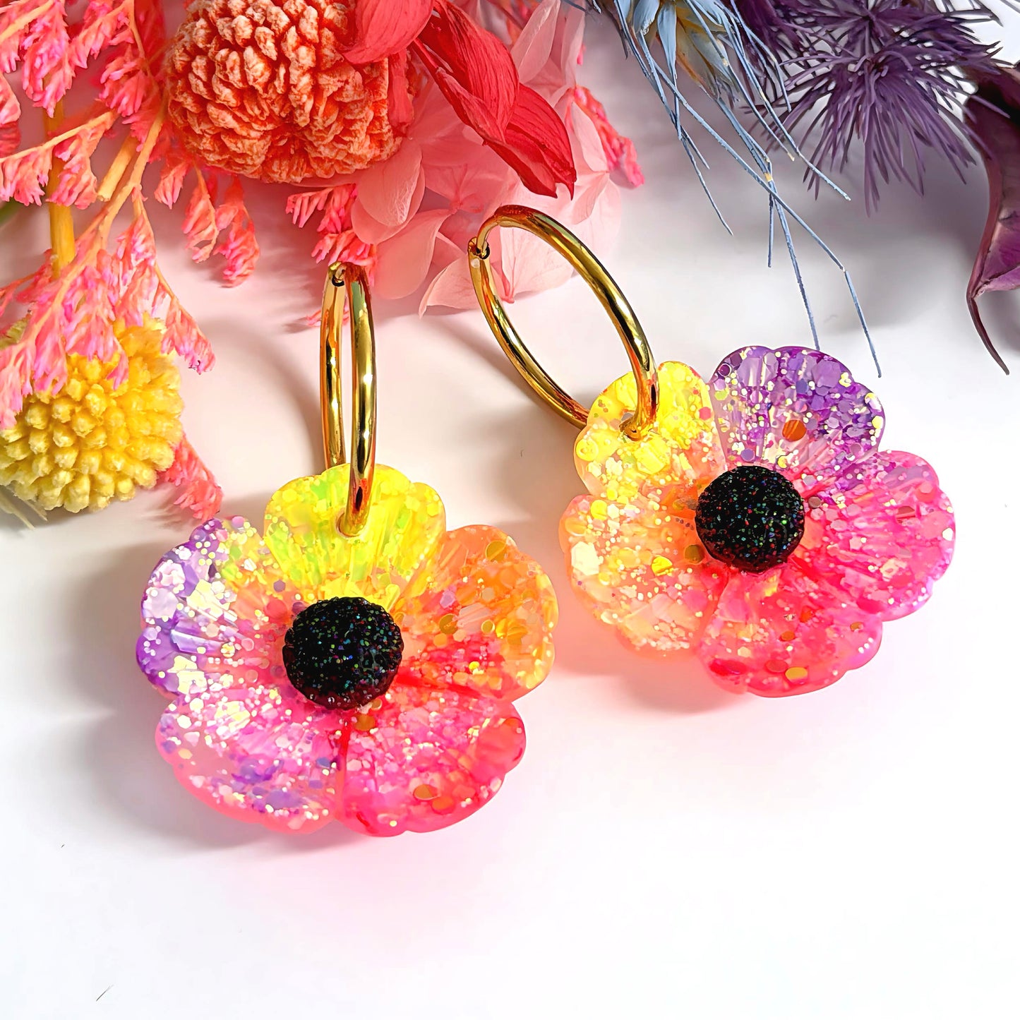 SUMMERTIME POPPIES: Handmade Resin Drop Earrings on Huggie Hoops by