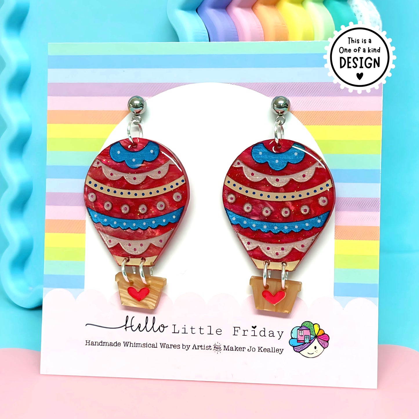 One of a kind pair - LET’S FLY AWAY : Hot Air Balloons : Handmade Resin & Acrylic Stud-top DROP Earrings