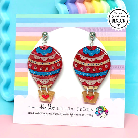 One of a kind pair - LET’S FLY AWAY : Hot Air Balloons : Handmade Resin & Acrylic Stud-top DROP Earrings