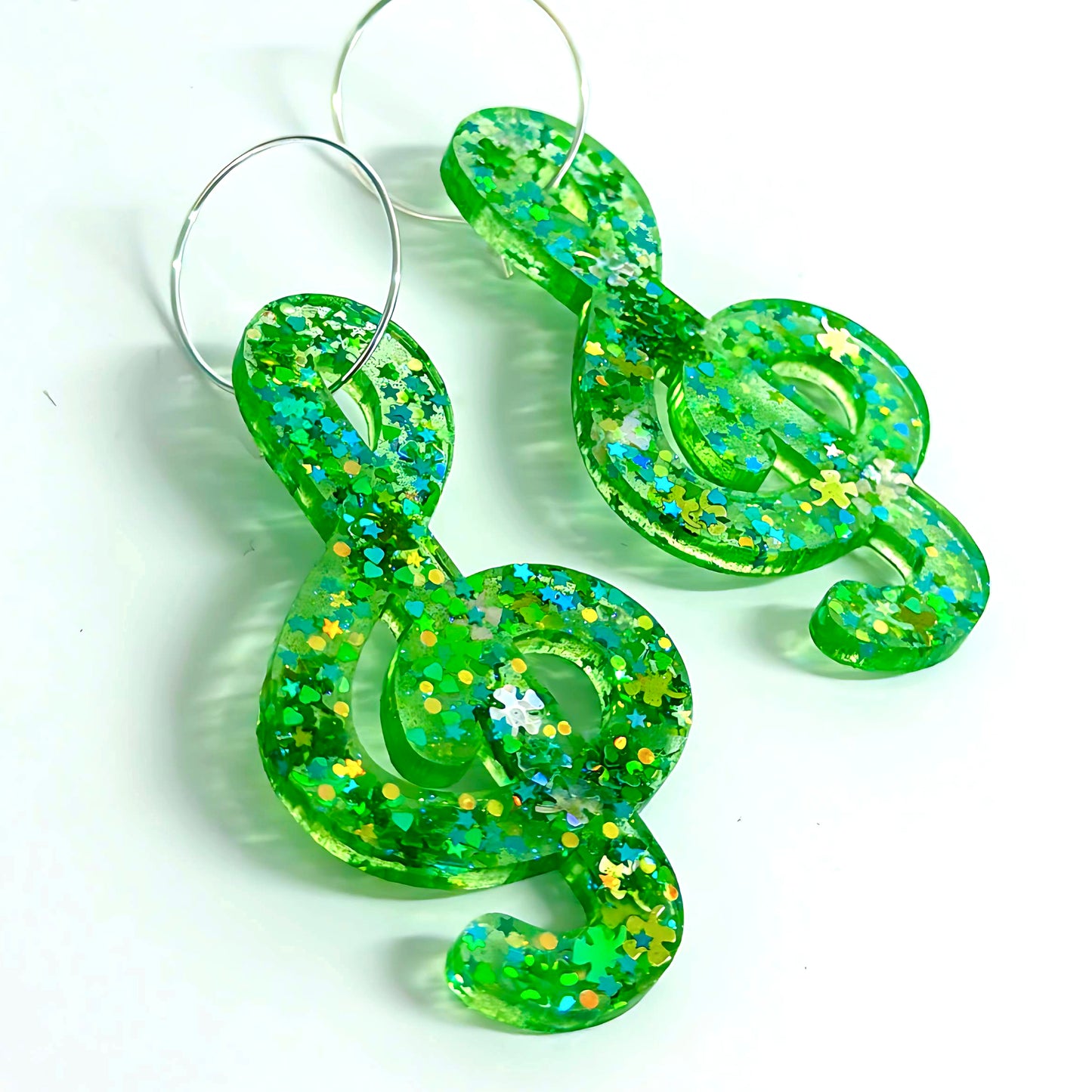 CELTIC MUSIC : St Paddy’s Day : Emerald Shamrock : Handmade Resin DROP Earrings