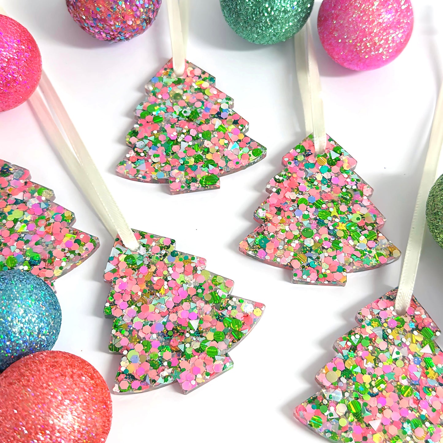 CHRISTMAS TREE : PINK & GREEN CONFETTI : Handmade Resin Tree Ornaments