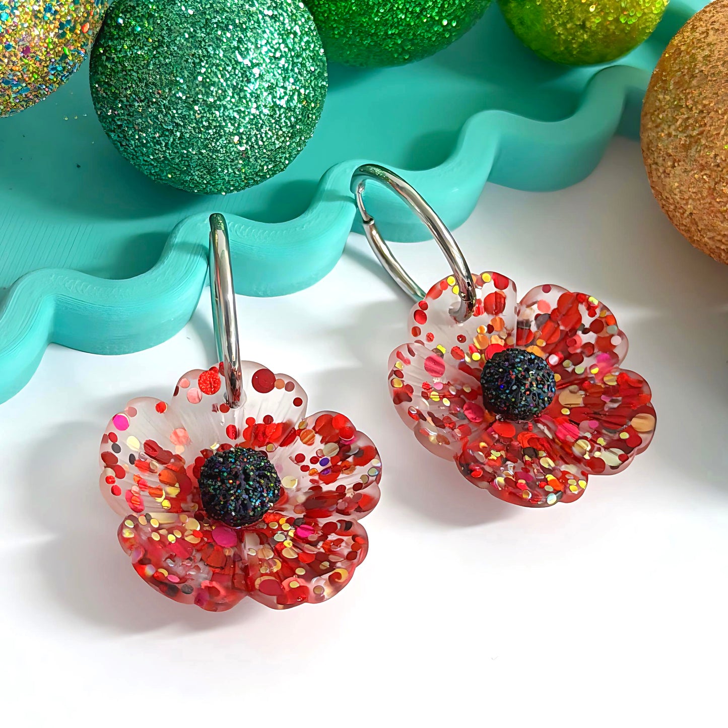CONFETTI POPPIES : CLASSIC RED : Handmade Resin Drop Earrings on Huggie Hoops