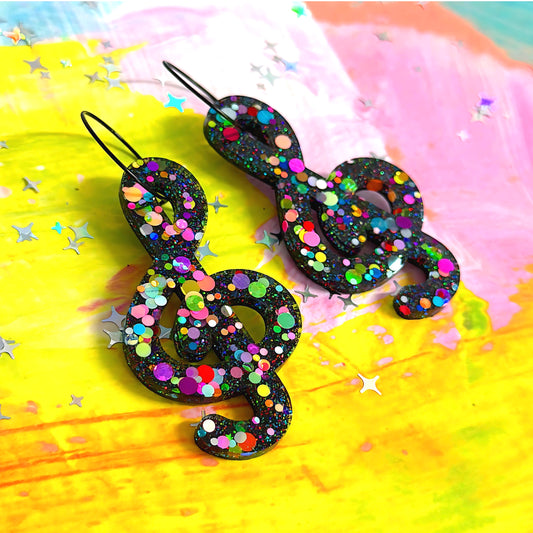 DISCO MUSIC TREBLE CLEFT : Handmade Resin DROP Earrings