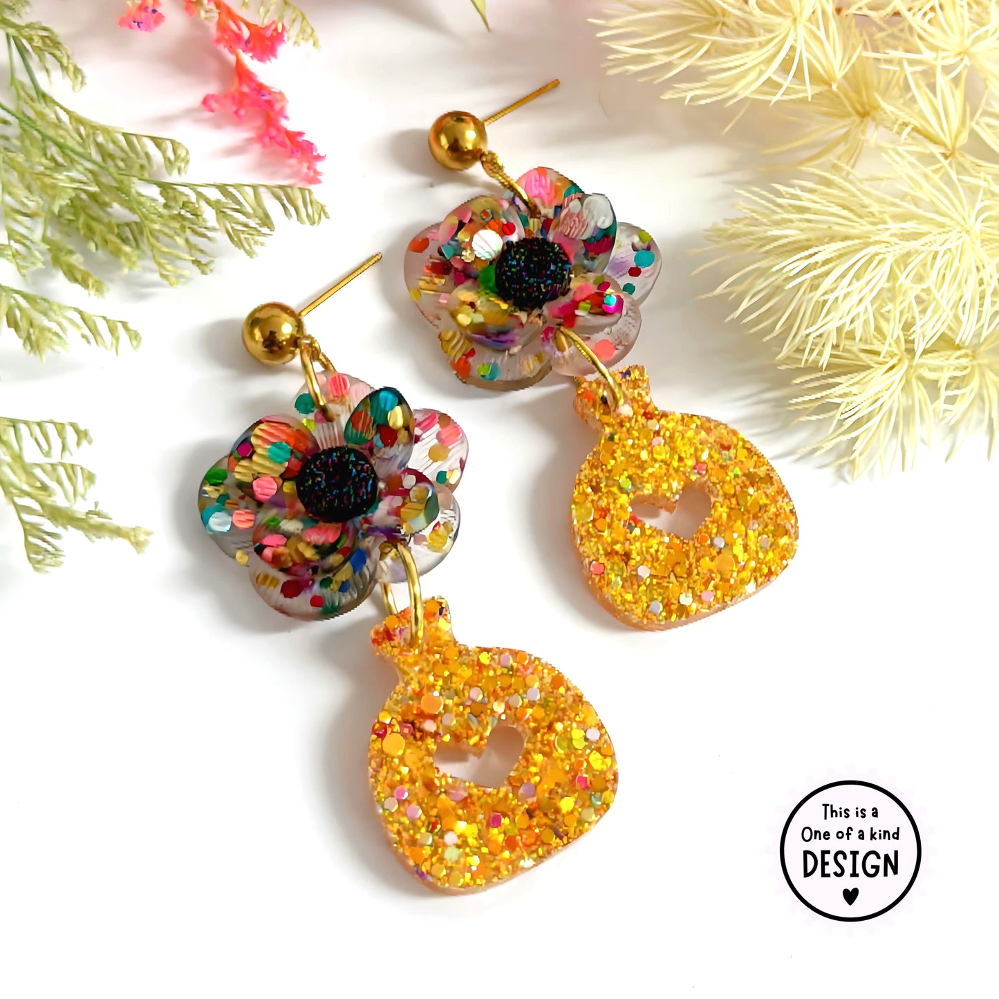 One of a Kind : BEAUTIFUL BOUQUET MINI : Handmade Resin DROP Earrings