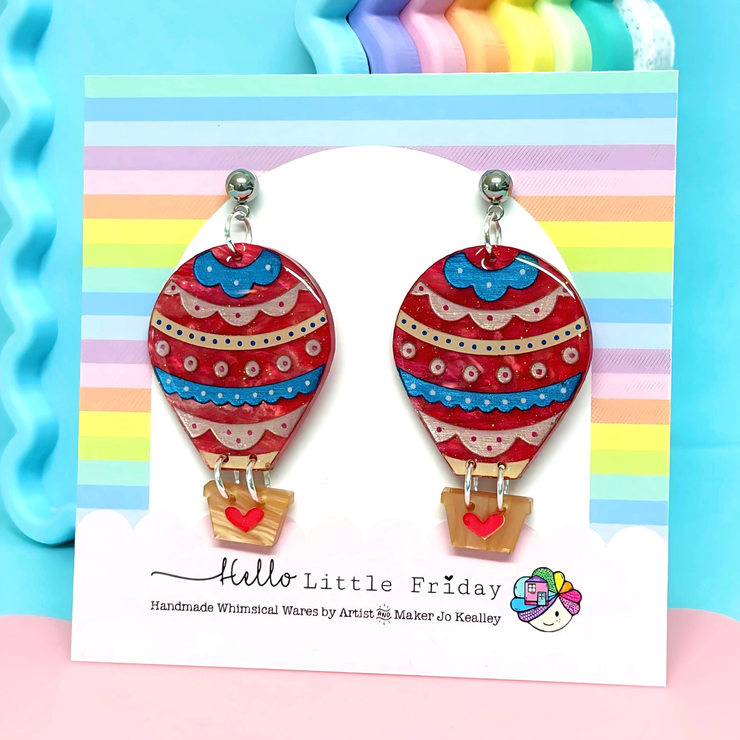 One of a kind pair - LET’S FLY AWAY : Hot Air Balloons : Handmade Resin & Acrylic Stud-top DROP Earrings