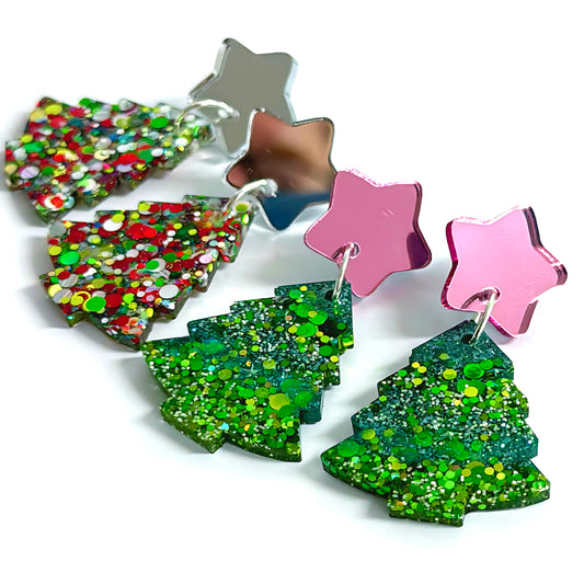 One of a kind : RUBY & EMERALD CHRISTMAS TREES : Choose your design : Handmade Resin & Acrylic Stud-top DROP Earrings
