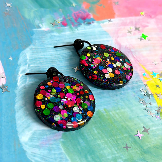 RAINBOW DISCO DOTS : Handmade Resin DROP Earrings