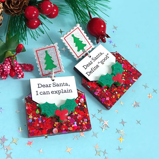 DEAR SANTA : Ruby Red Letters : Handmade Resin & Acrylic DROP Earrings