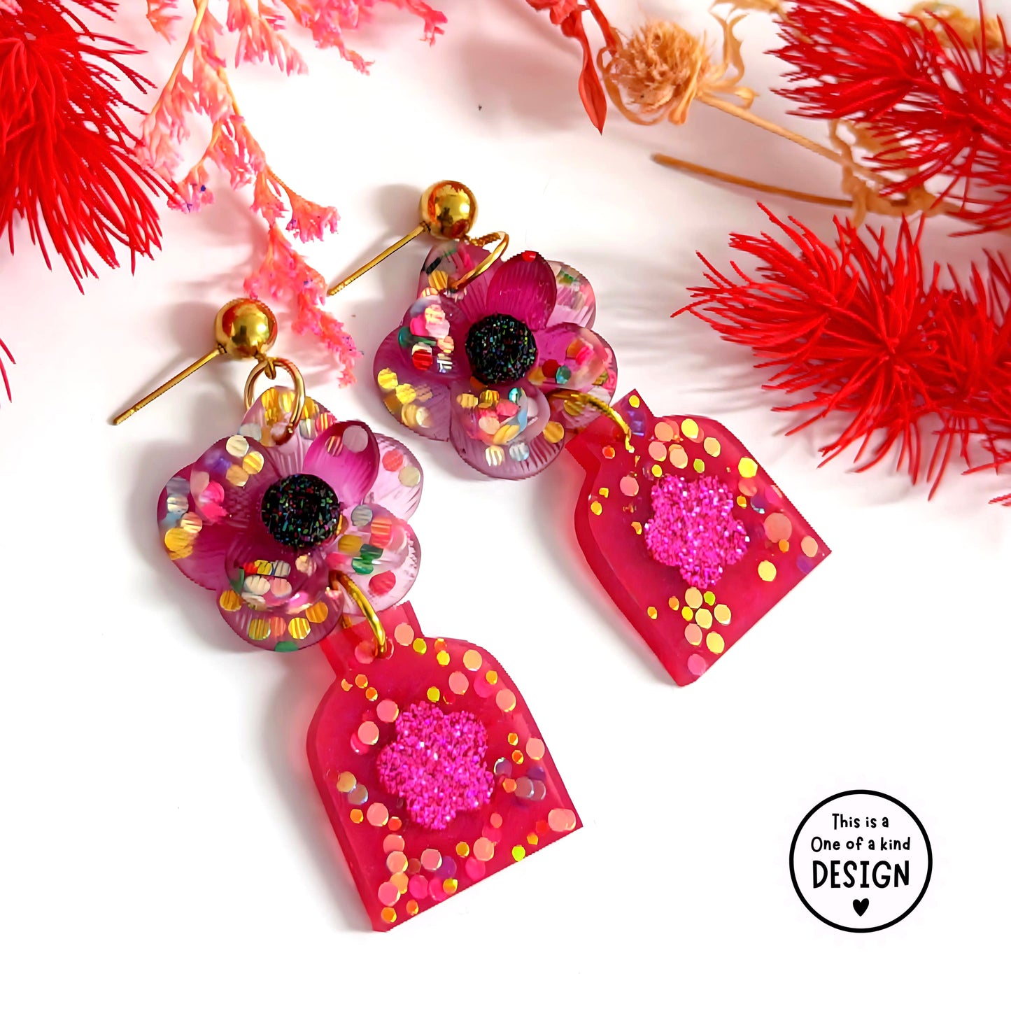 One of a Kind : BEAUTIFUL BOUQUET MINI : Handmade Resin DROP Earrings