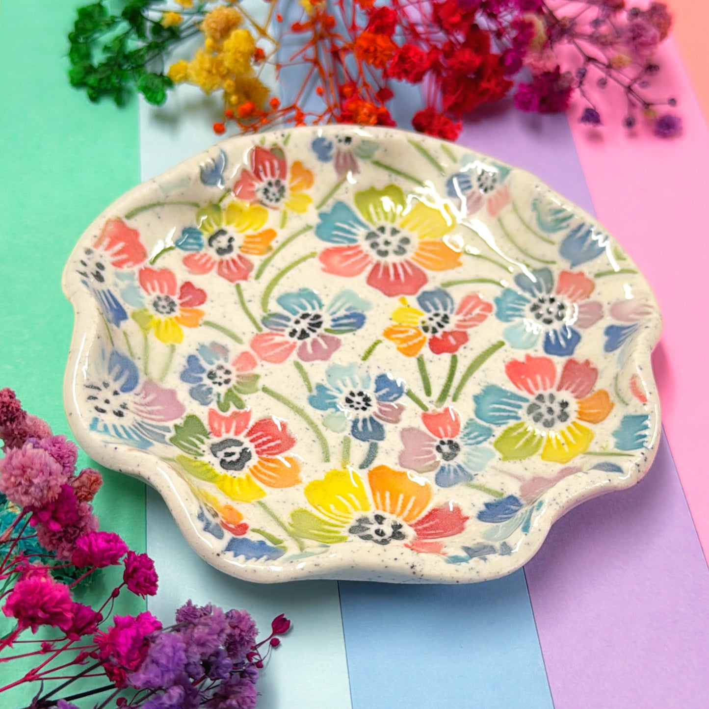RAINBOW GARDEN ~ Wave-edged Bowl : Handmade Ceramic Treats & Tapas Dishes by Jo Kealley