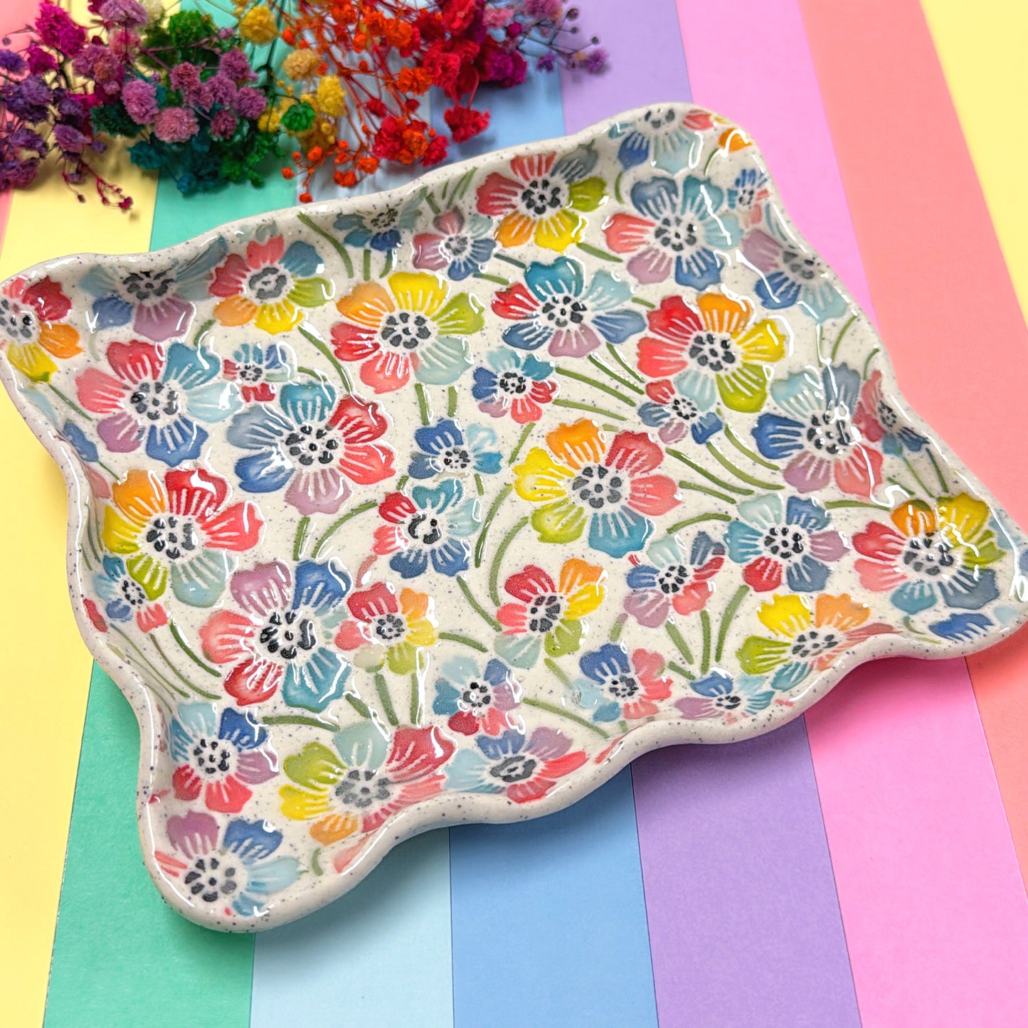 RAINBOW GARDEN ~ Wave-edged Tray : Handmade Ceramic Treats & Tapas Dishes by Jo Kealley