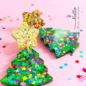 STAR TOP CHRISTMAS TREES : Holographic Emerald with Rainbow Stars : Handmade Resin & Acrylic Stud-top DROP Earrings