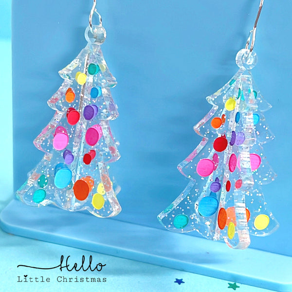 3D CONFETTI CHRISTMAS TREE : HOLOGRAPHIC SPARKLES : Handmade Acrylic Drop Earrings