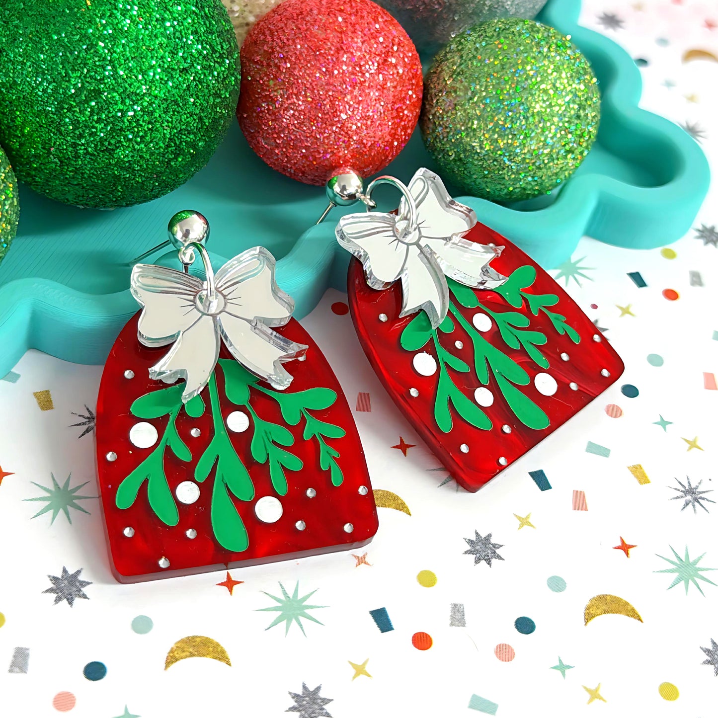 CHRISTMAS MISTLETOE : Handpainted Acrylic Drop Earrings