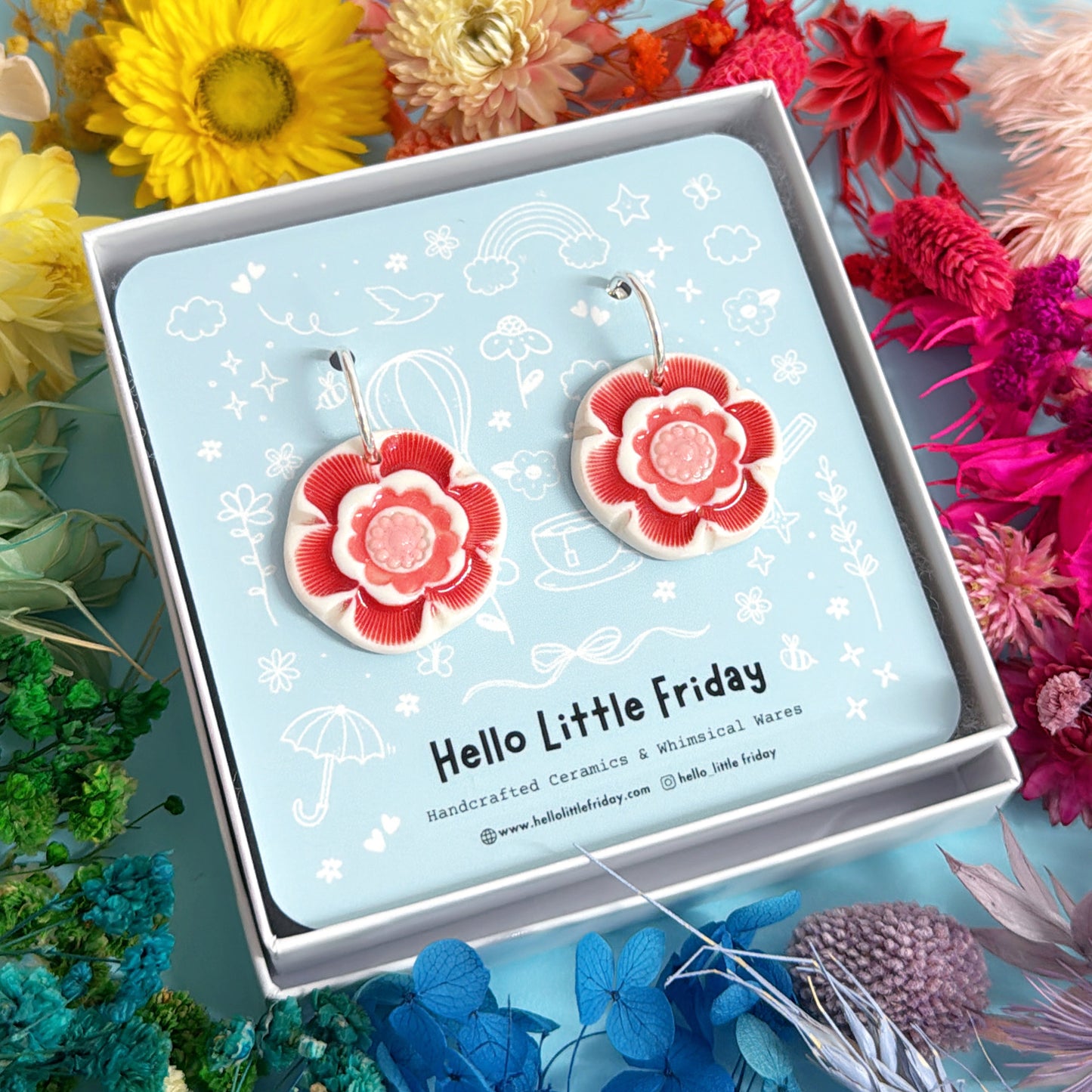 PEONIES Ruby & Rose ~ One of a kind pair : PORCELAIN Drop Earrings Handmade by Jo Kealley