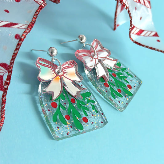 One of a kind pair : CHRISTMAS MISTLETOE : Handpainted Acrylic Drop Earrings