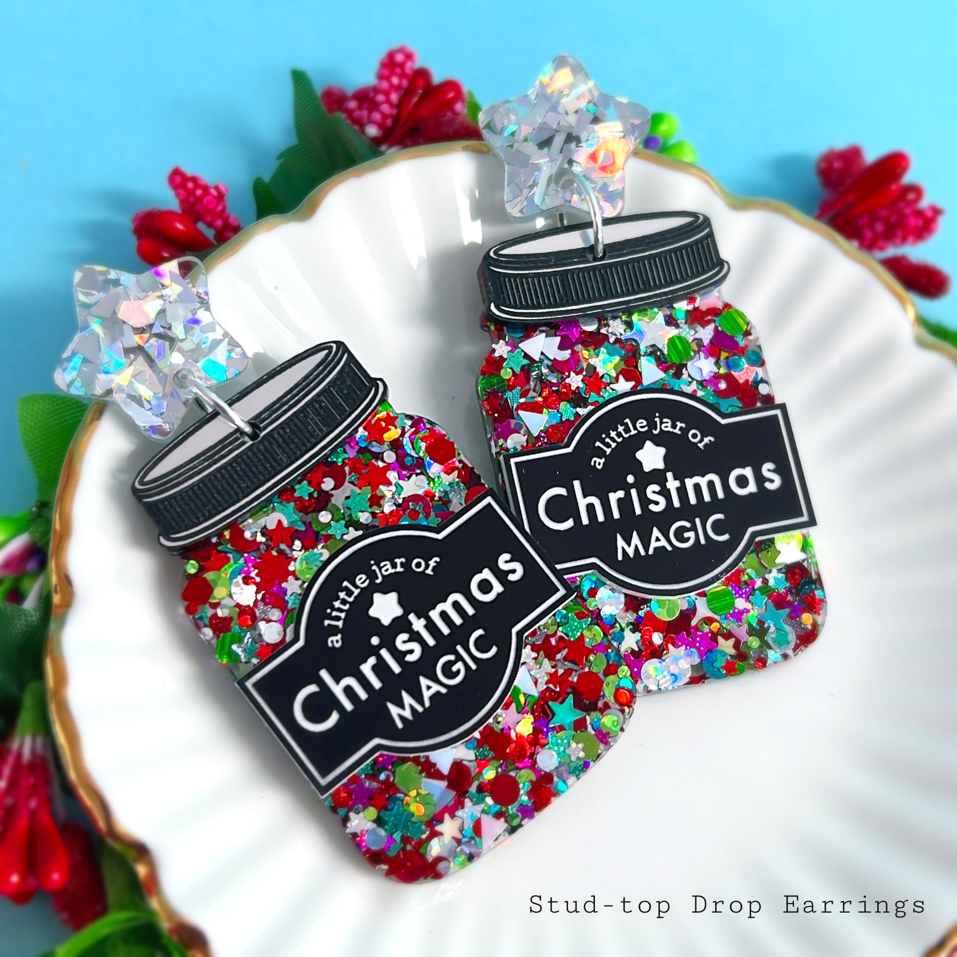 A LITTLE JAR OF CHRISTMAS MAGIC : Handmade Resin & Acrylic Drop Earrings