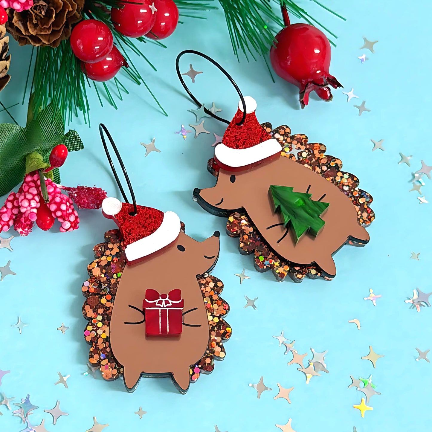 HELLO LITTLE HEDGEHOGS : CHRISTMAS : Handmade Resin & Acrylic DROP Earrings