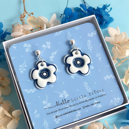 DELFT BLOOMS Navy Blue ~ PORCELAIN Drop Earrings Handmade by Jo Kealley