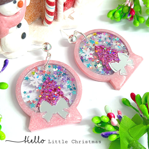 CHRISTMAS SNOW GLOBE PINK TWINKLE STAR : Handmade Resin Drop Earrings