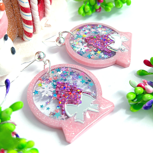 CHRISTMAS SNOW GLOBE PINK TWINKLE STAR : Handmade Resin Drop Earrings