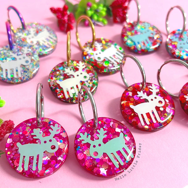 RUDOLPH THE RED NOSE REINDEER : Choose your colour : Handmade Resin DROP Earrings