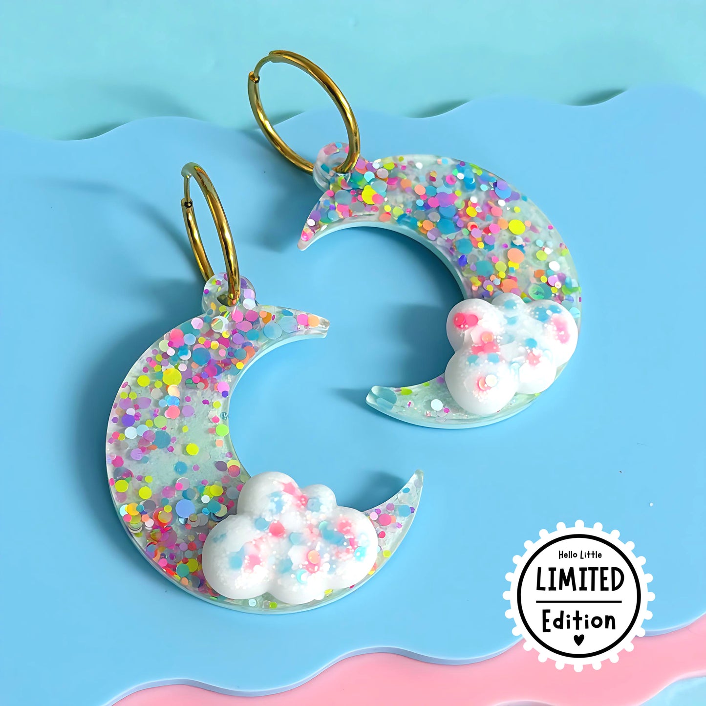 Limited Edition 2 pairs only :  RAINBOW CONFETTI  MOON : LARGE : Handmade Resin DROP Earrings