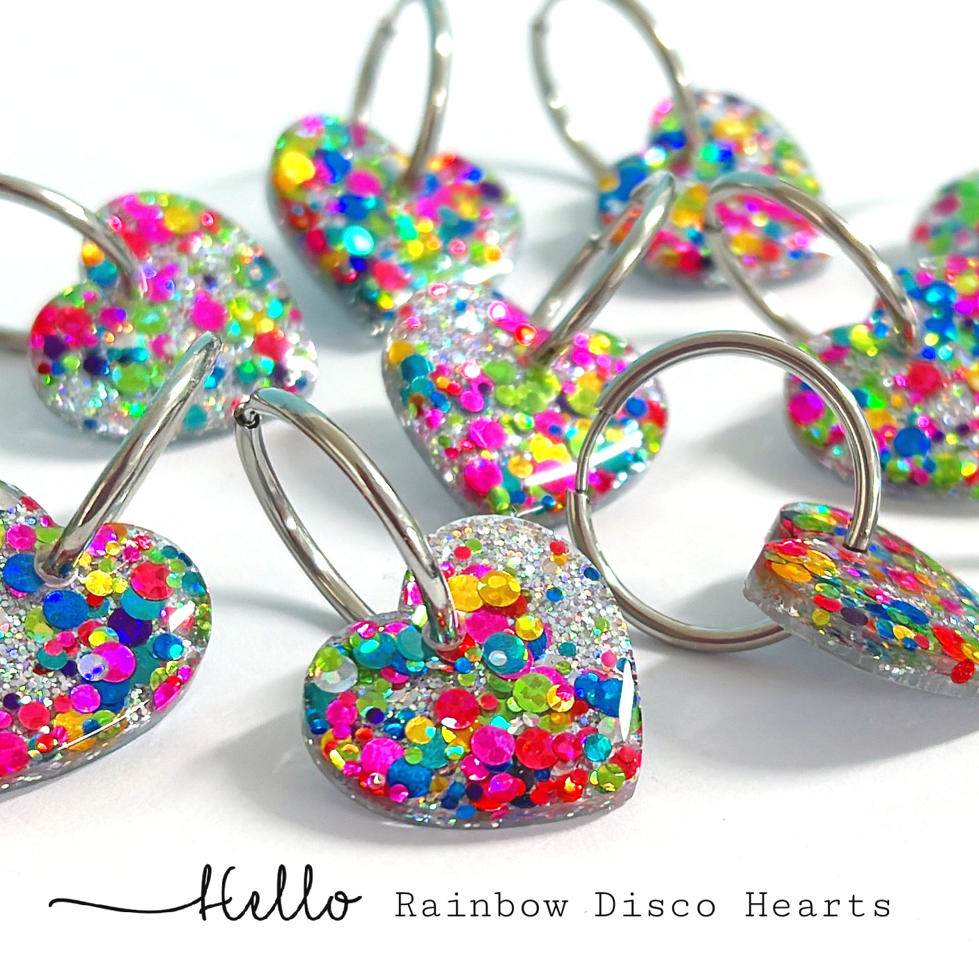 RAINBOW DISCO HEART : Handmade Resin DROP Earrings