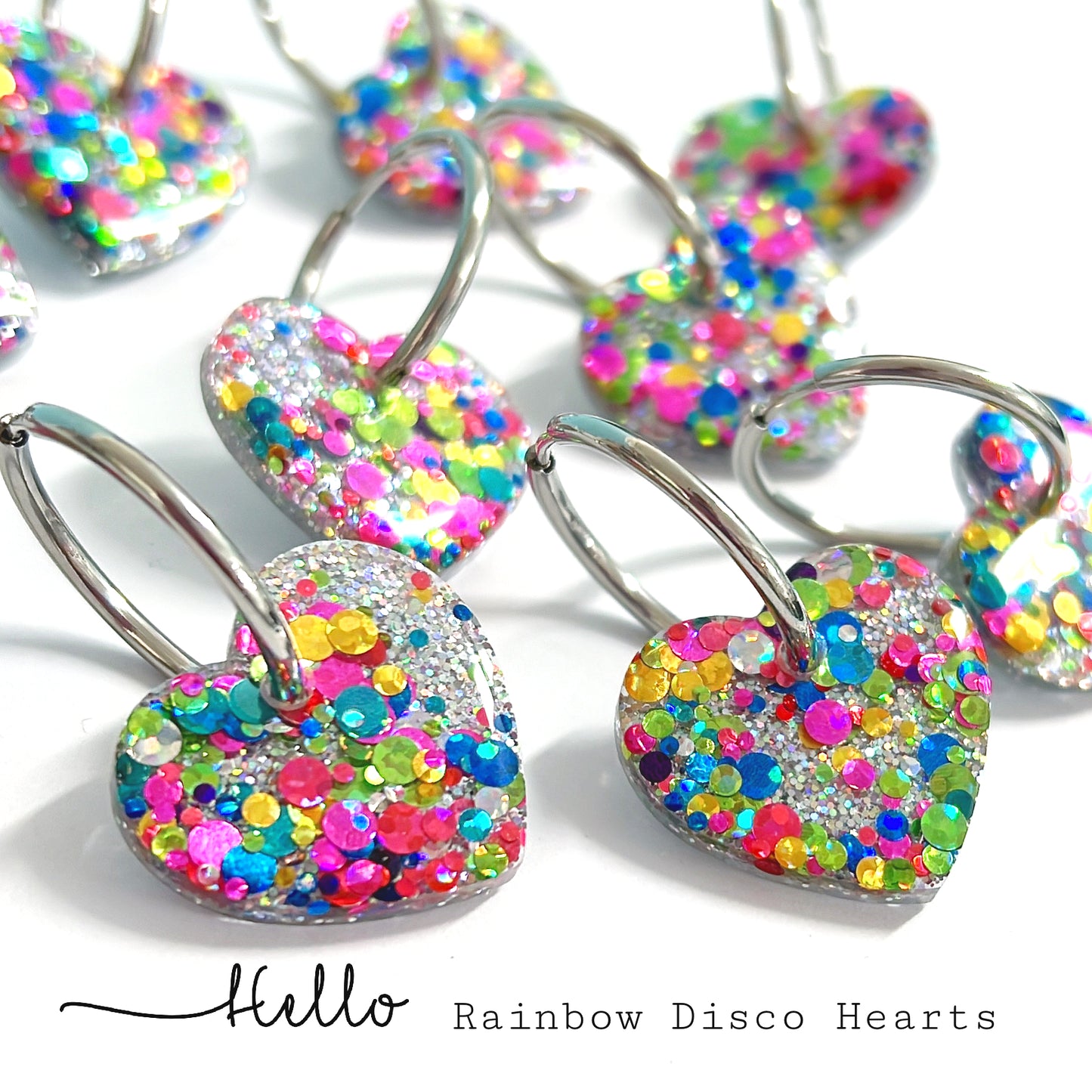 RAINBOW DISCO HEART : Handmade Resin DROP Earrings