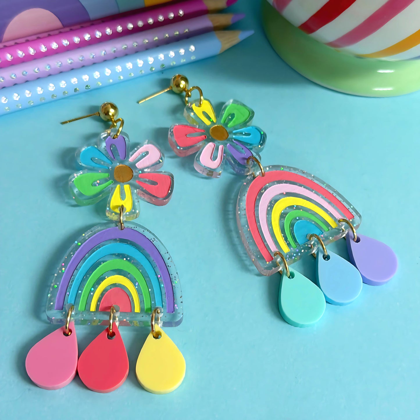 RAINBOW DAISY : One of a Kind : Handmade Resin & Acrylic DROP Earrings