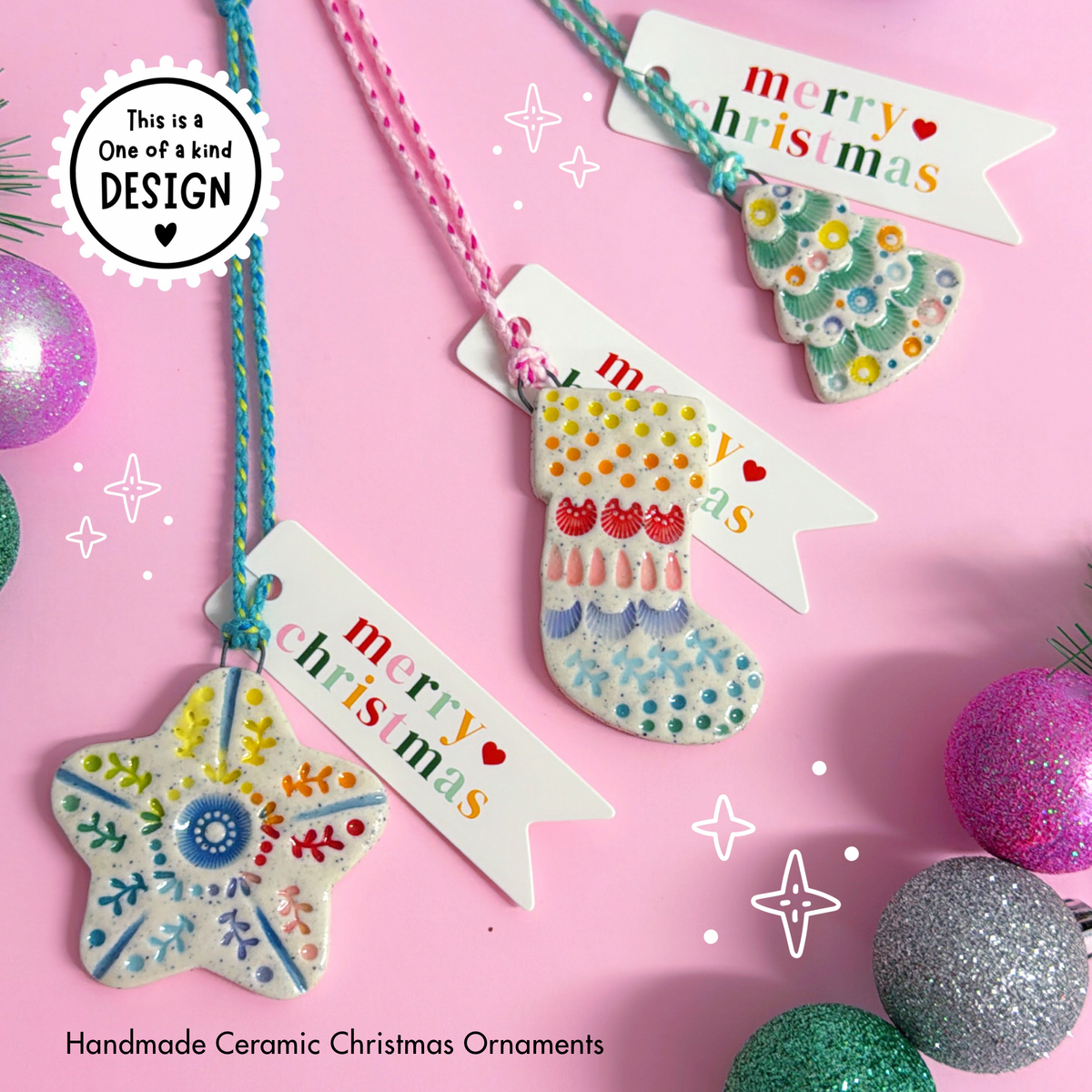 One of a kind ~ Choose your design : Small ~ Handmade Ceramic Christmas Ornaments by Jo Kealley