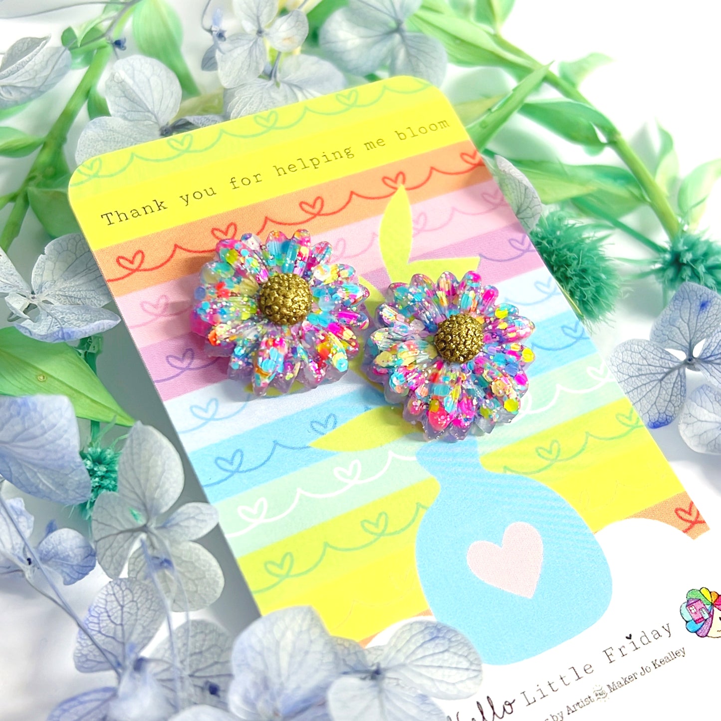 CRAZY FOR DAISY : THANK YOU FOR HELPING ME BLOOM : Handmade Resin STUD Earrings