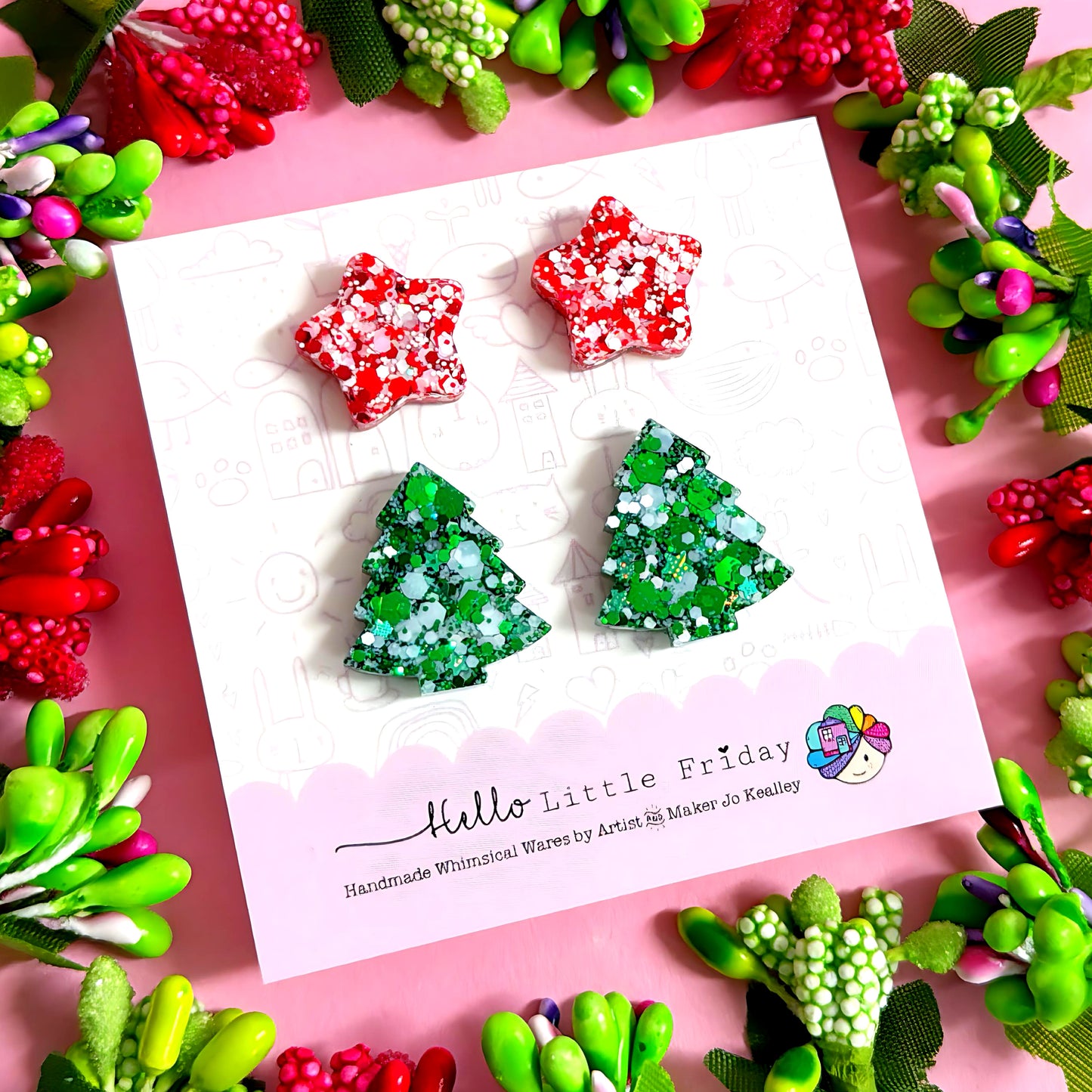 STAR & CHRISTMAS TREE STUD SET : Red silver stars + Emerald green trees : Handmade Resin STUD Earrings