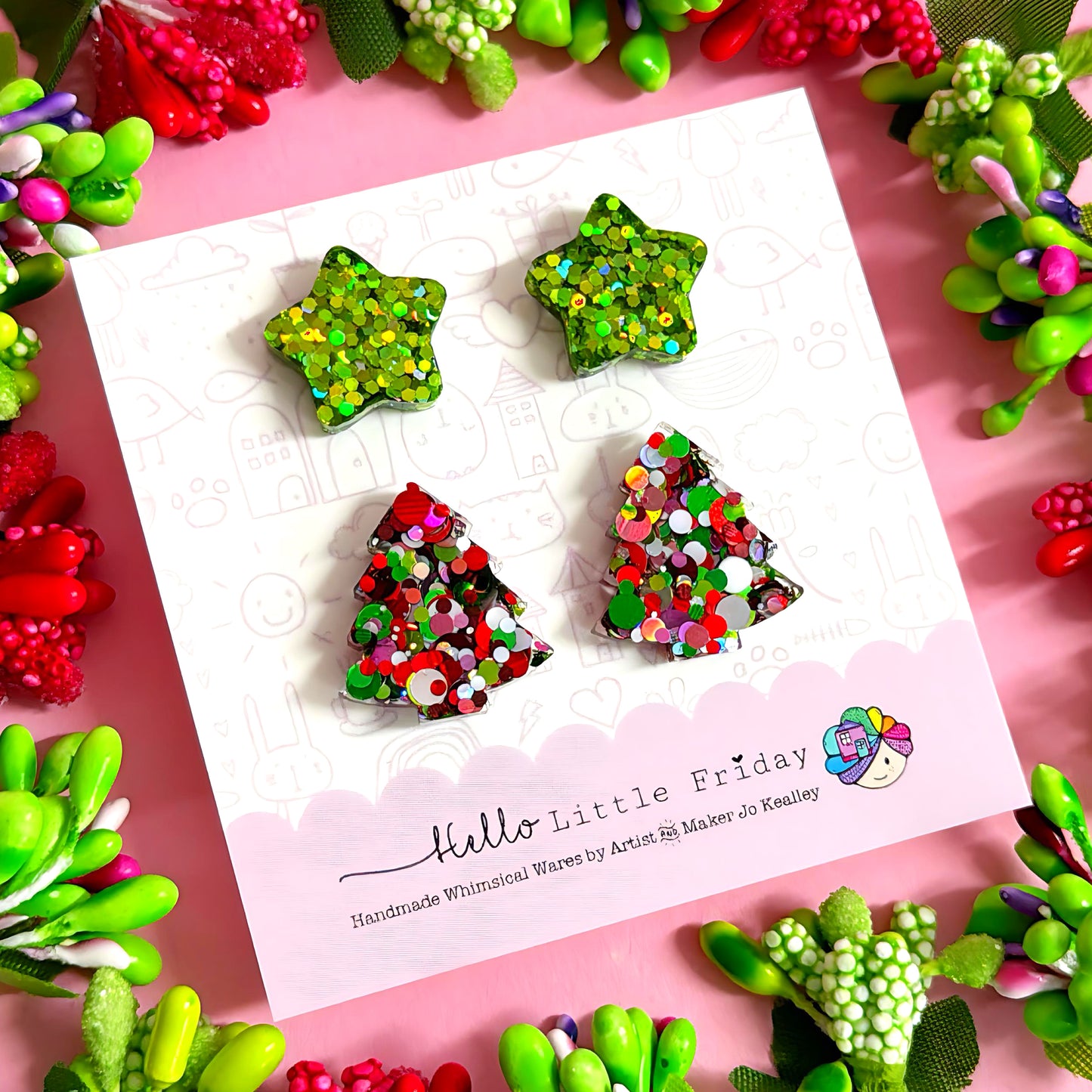 STAR & CHRISTMAS TREE STUD SET : Vibrant green stars + Traditional red green silver trees : Handmade Resin STUD Earrings